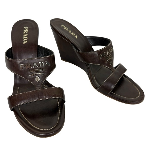 Prada Brown Leather Logo Wedge Sandals - Picture 1 of 8
